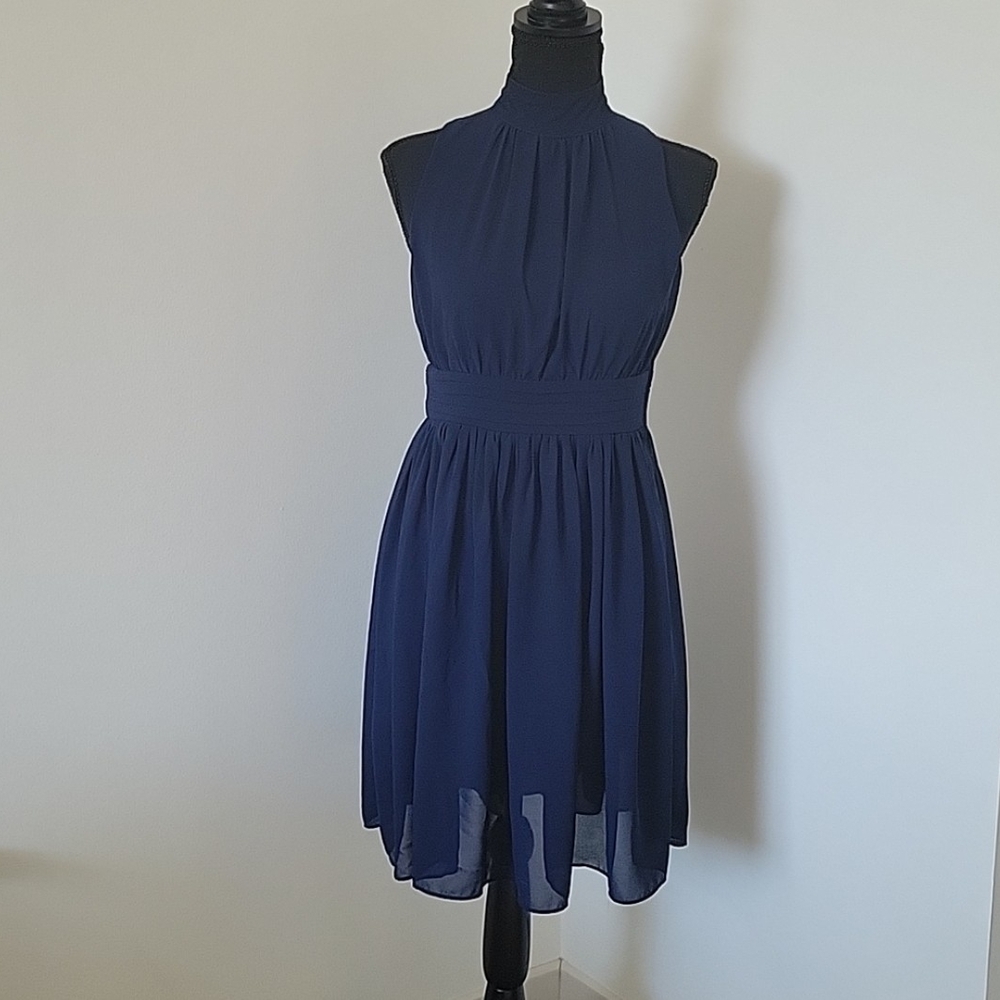 ANGL Blue Pleated Halter Mini Sundress